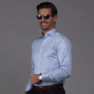 Quattro Flex Dress Shirt with Semi-Spread Collar Blue Tattersall
