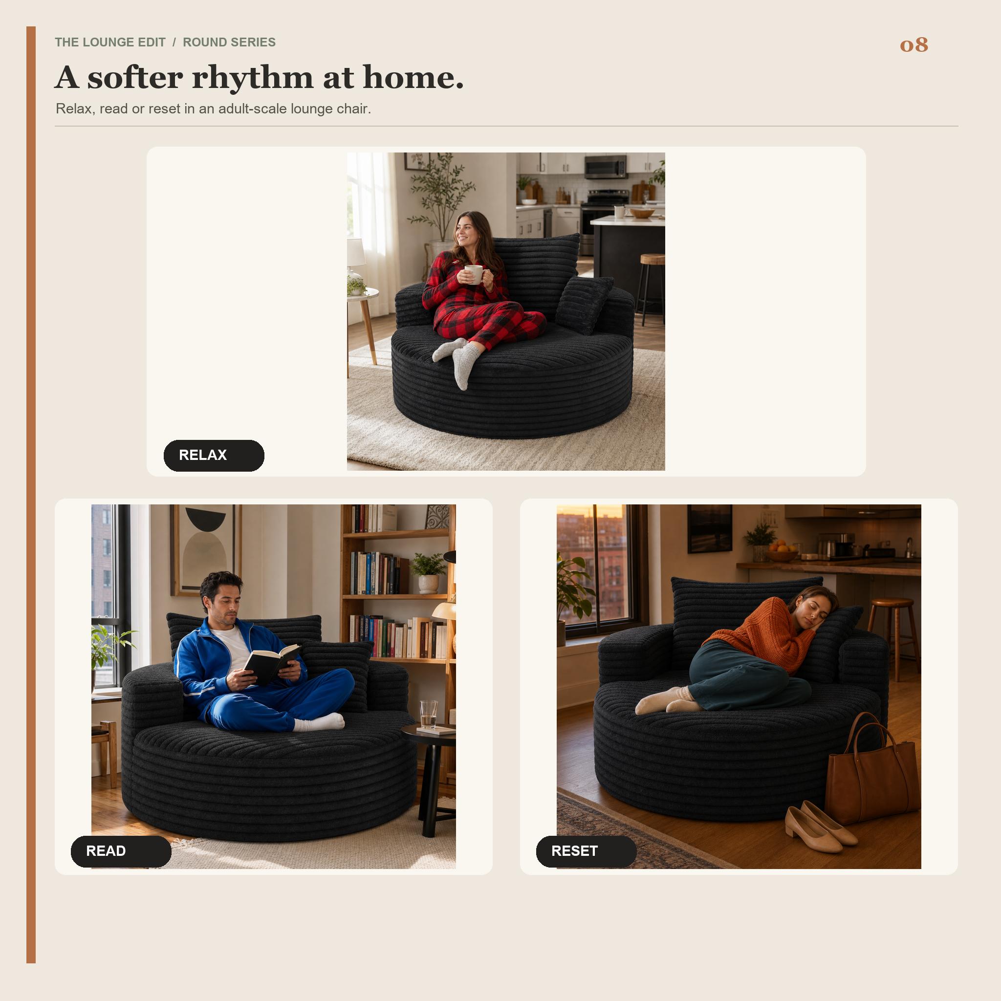 50in Round Lounge Chair Sofa, No-Assembly Compressed Cloud Floor Couch with Deep Seat, Soft corduroy, Backrest & Throw Pillows for Adults, Bedroom and Apartment