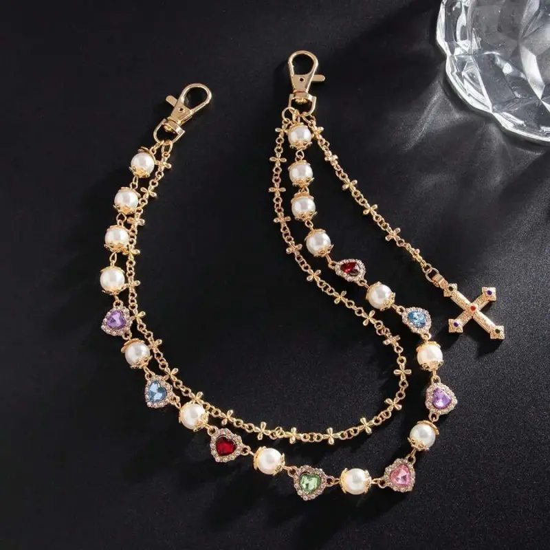 Gold Dual Layer Wallet Chain, Boho Bling Pants Chain with Rhinestone Flower and Pearl Accents, Zinc Alloy Jewelry for Women and Men, Bling Chain