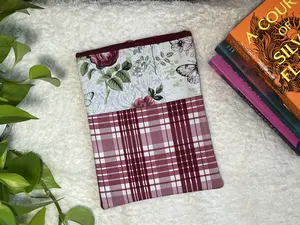 Large Rose and Butterfly Padded Fabric Book Cover for Books and Tablets with Plaid Design and Floral Motif