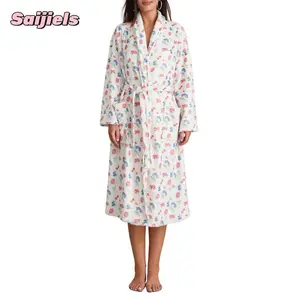 Women Dressing Gown Flannel Robe Floral Print Shawl Collar Bathrobe for Hotel Spa Party Kimono Robe with Belt