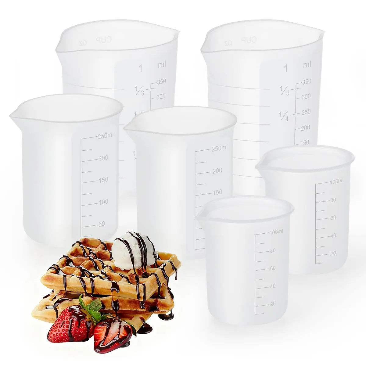 6 Pcs Silicone Cups for Melting Chocolate, Measuring Cups with Scale & Pouring Spout, Capacity 100ml & 250ml & 350ml Candy Melting Cups for Strawberries, Cake Pops, Baking & DIY Treats