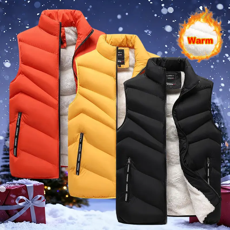 Men's Winter Stand Collar Vest, Fleece Lined Warm Sleeveless Jacket, 100% Polyester Windproof Vest with Zipper Pockets, Machine Washable Cold Weather Coat, Suitable for Outdoor Activities Gilet Casual