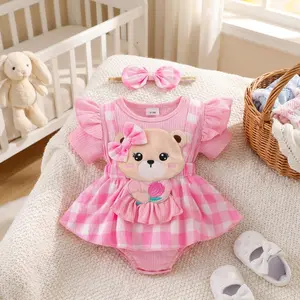 Baby Girl Plaid Romper Dress Bear Patch Fake Two-Piece Ruffle Short Sleeve Bodysuit with Bow Headband 2 Pcs Summer Outfit