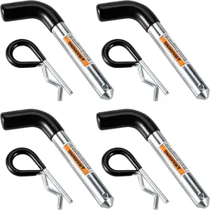 Trailer Hitch Pin & Clip 4 Pack, 5/8 Inch Diameter with Rubber-Coated Vinyl Black Grip, Fits 2" Receiver