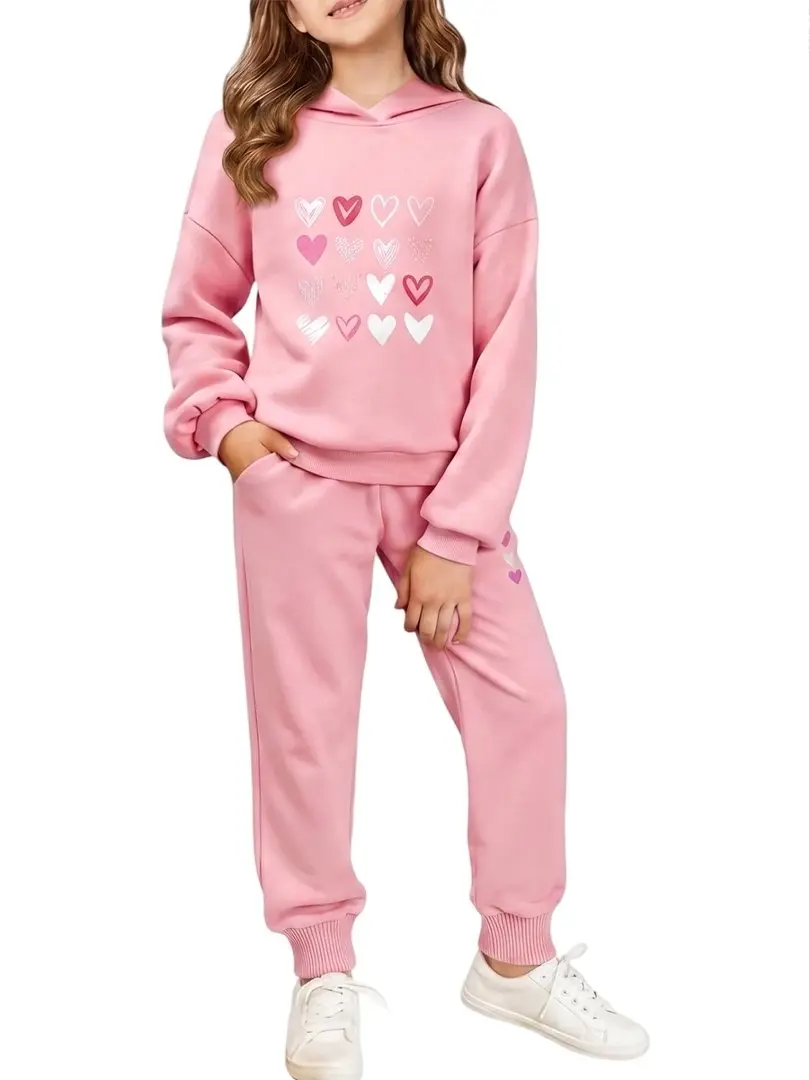 Girls Heart Print Hoodie Jogger Set, 2 Piece Casual Tracksuit, Long Sleeve Hooded Sweatshirt & Jogger Pants, Spring Fall Outfit for Little & Big Girls Ages 4-14