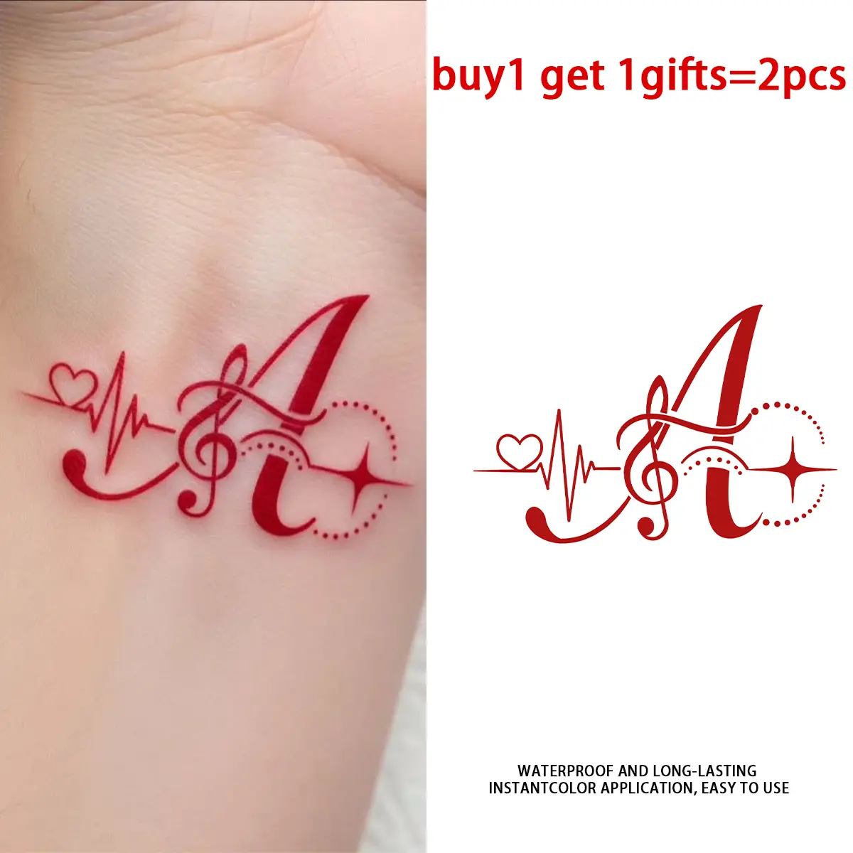 Women's Red Letter A Heartbeat Music Note Temporary Tattoos - 2 Sheets Semi-Permanent Waterproof Fake Body Art Stickers