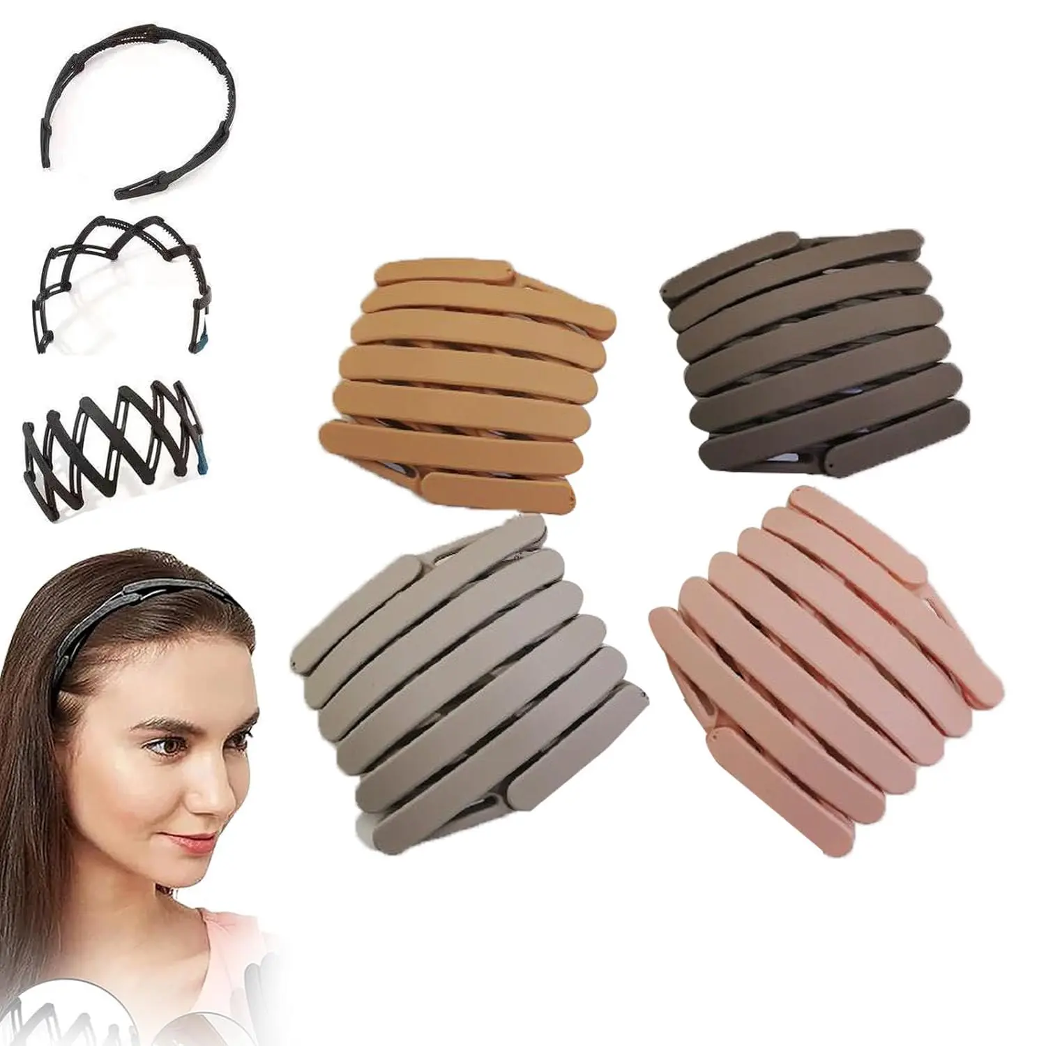 4PCS Retractable & Collapsible Pocket Headband Set, Spring Wavy Foldable Headband No Slip, Compact Portable Hair Hoop for Women Girl Washing Makeup Travel Outdoor, Fashion Hair Accessories