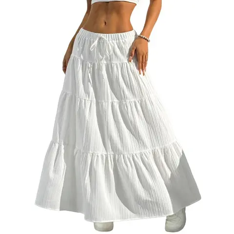 Women's Soft Breathable Tiered Boho A-Line Ruffle Flowy Maxi Skirt - White, Elastic Waist, Fabric, Machine Wash, Basic Casual Feminine Skirt for 2026 Spring Summer Daily Elegance Birthday Beach Womenswear