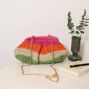 New colorful crossbody straw bag, unique gradient color clip-on clutch, beach vacation bag