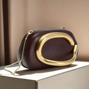 Modern Minimalist Clutch Bag for Women, Glam Leather Evening Purse with Sculptural Gold Handle, Detachable Chain Strap Crossbody Bag