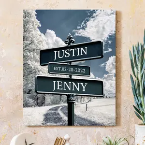 Crossroads Sign Couple's Name and Date on Street Blue Sky and White tree Canvas Prints Love Gift for Anniversary,Wedding,Birthday and Holidays