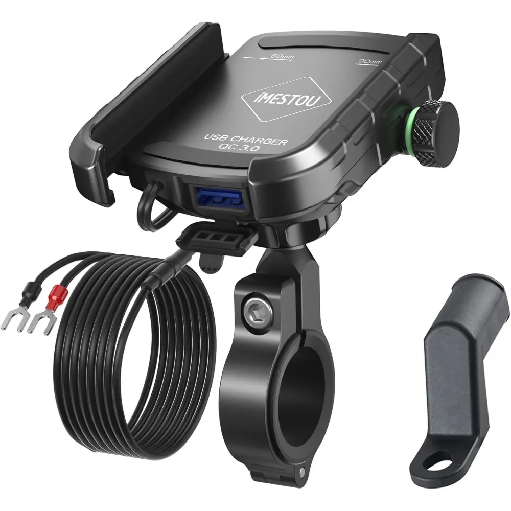 Motorcycle Phone Mount USB Charger for 4.0-6.8 Inch Smartphones, Aluminum with 17mm Ball, Works with 12/24V Motorcycles, Handlebar/Rear-View Mirror Cellphone Holder (USB Type)