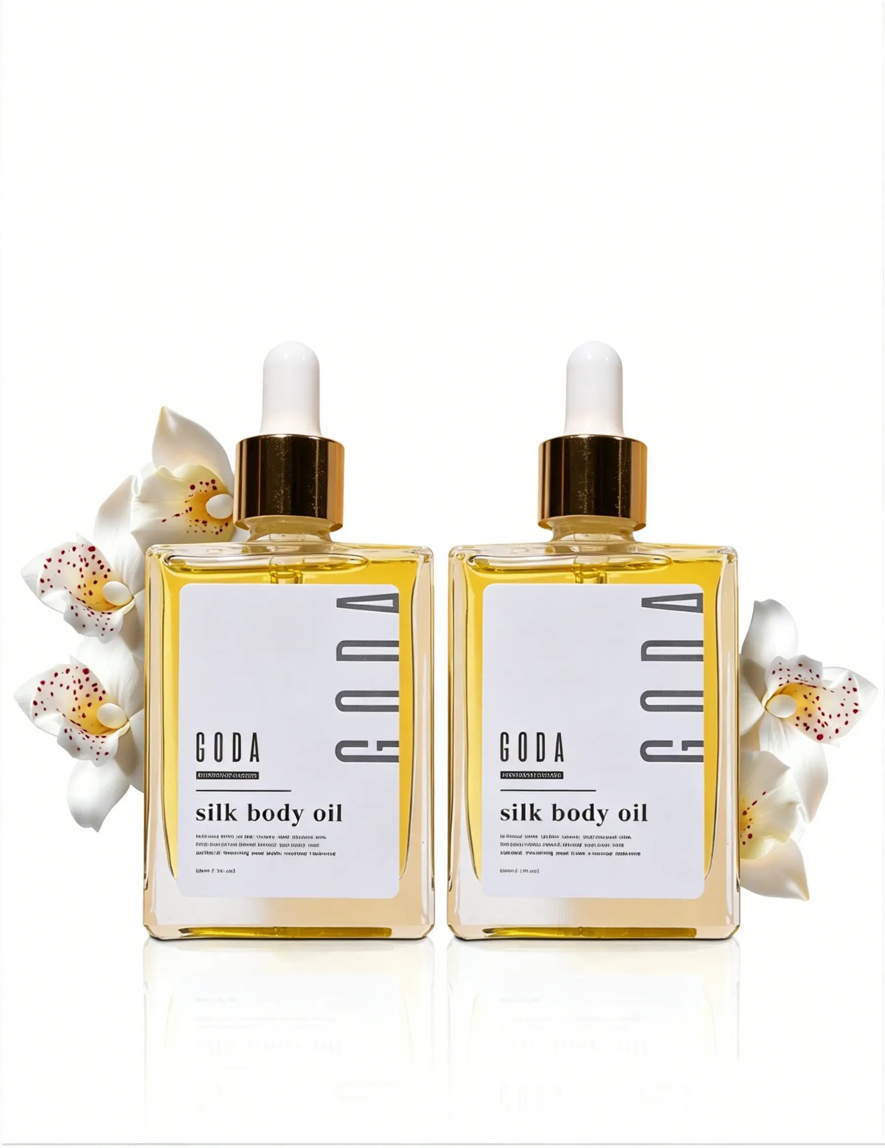 [2PCS]Goda Silk Body Oil 1.79 liters in size. It features alightweight fragrance formula that combines the scents ofvanilla, lavender, and cocoa, helping to keep the skin firmand smooth throughout the day