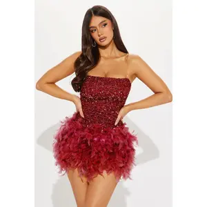 Zoey Feathered Sequin Mini Dress - Wine