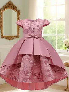 Flower Embroidery Girl's Dress, Elegant Floral Design Dress for Party Holiday, Kids Clothes for All Seasons