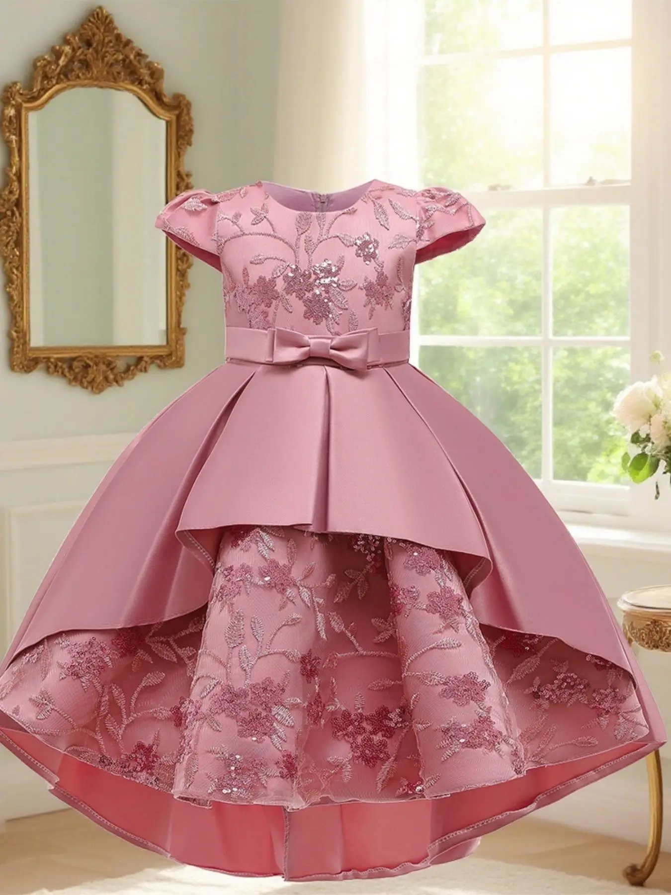 Flower Embroidery Girl's Dress, Elegant Floral Design Dress for Party Holiday, Kids Clothes for All Seasons