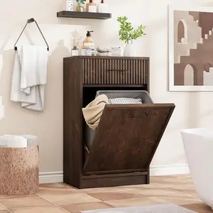 10 Gal Fluted Tilt-Out Trash Cabinet, Freestanding Dog Proof Wooden Garbage Can Cabinet – Hidden Storage for Kitchen, Dining or Living Room