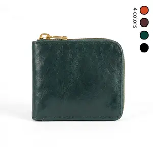 Genuine Leather L-Zip Bifold Wallet - Premium tumbled natural tanned Cowhide - ID Window & Card Slots - YKK Zipper