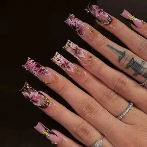 Handmade Pink Floral Press On Nails | Hand-Painted Flowers, Gold Stud Accents | Long Square Nails with Soft Glam Vibes