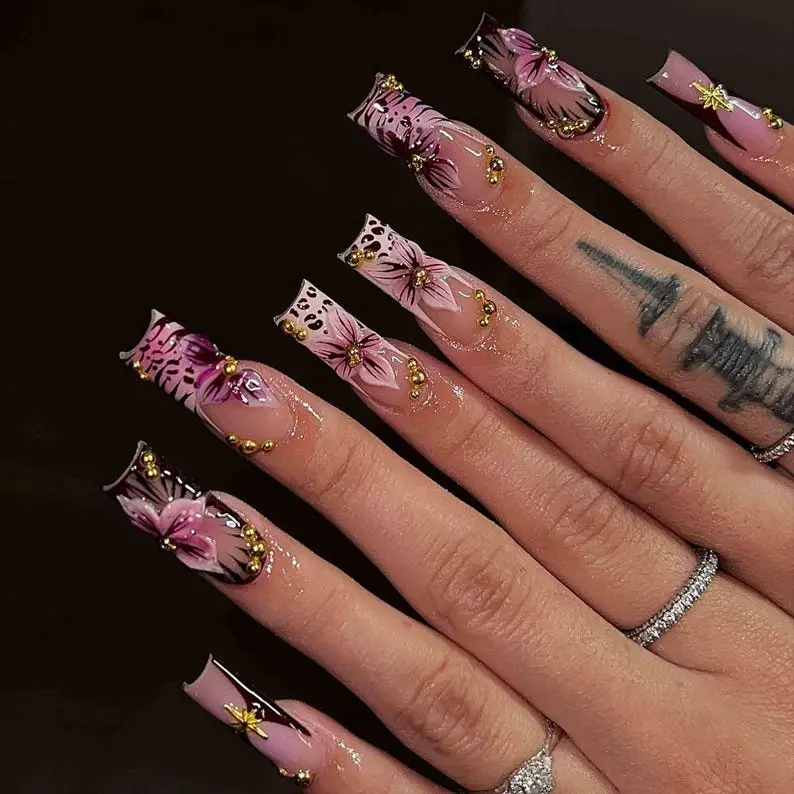 Handmade Pink Floral Press On Nails | Hand-Painted Flowers, Gold Stud Accents | Long Square Nails with Soft Glam Vibes