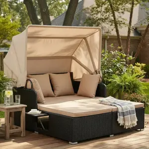 Patio Rattan Daybed with Retractable Canopy,  Outdoor Wicker with 2 Foldable Side Tables,
