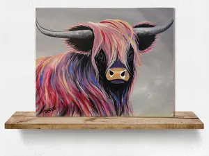Highland Cow - 2 Original Acrylic Painting by Raette Whimsical Home Decor 16"x20" hanging wire attached, unframed Artistic Wall Decoration