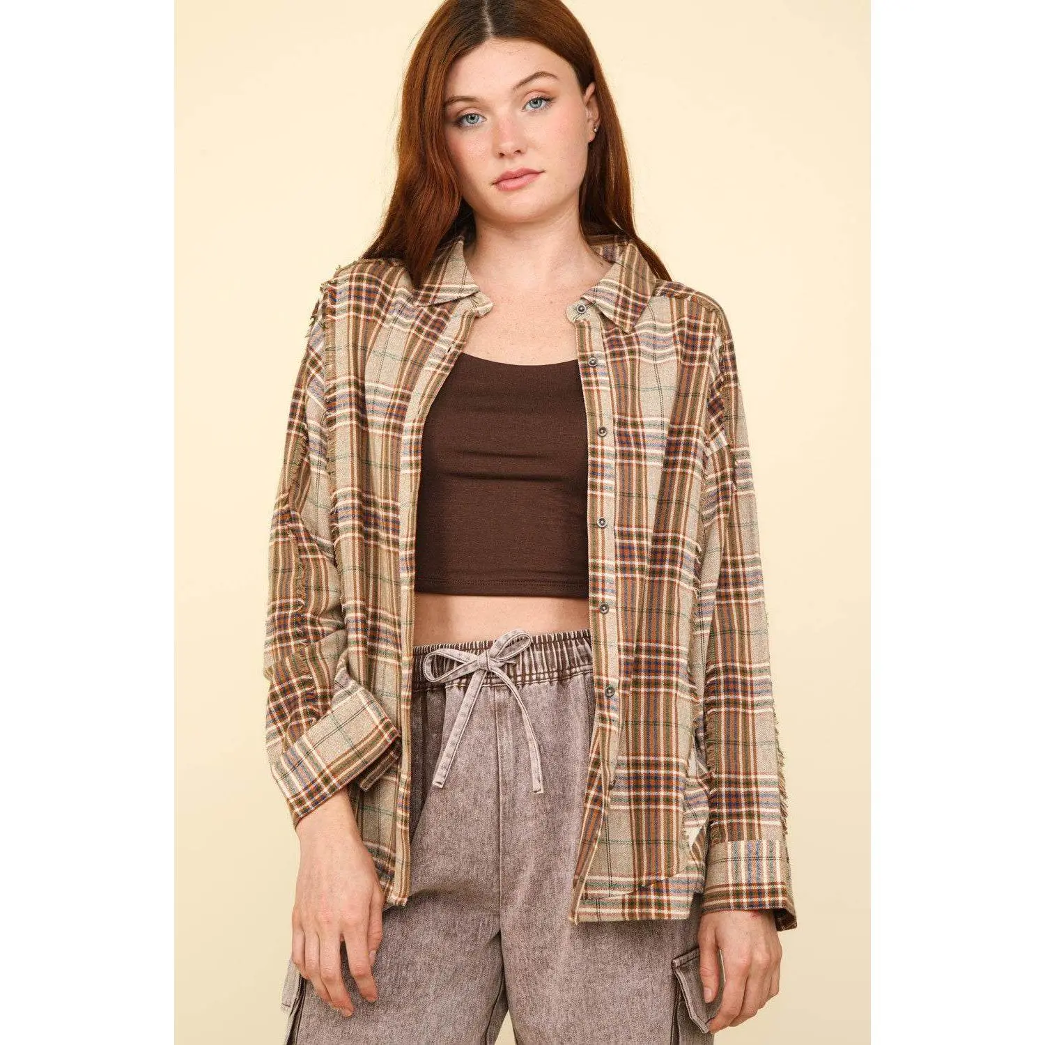 VERY J Contrast Plaid Raw Detail Shirt