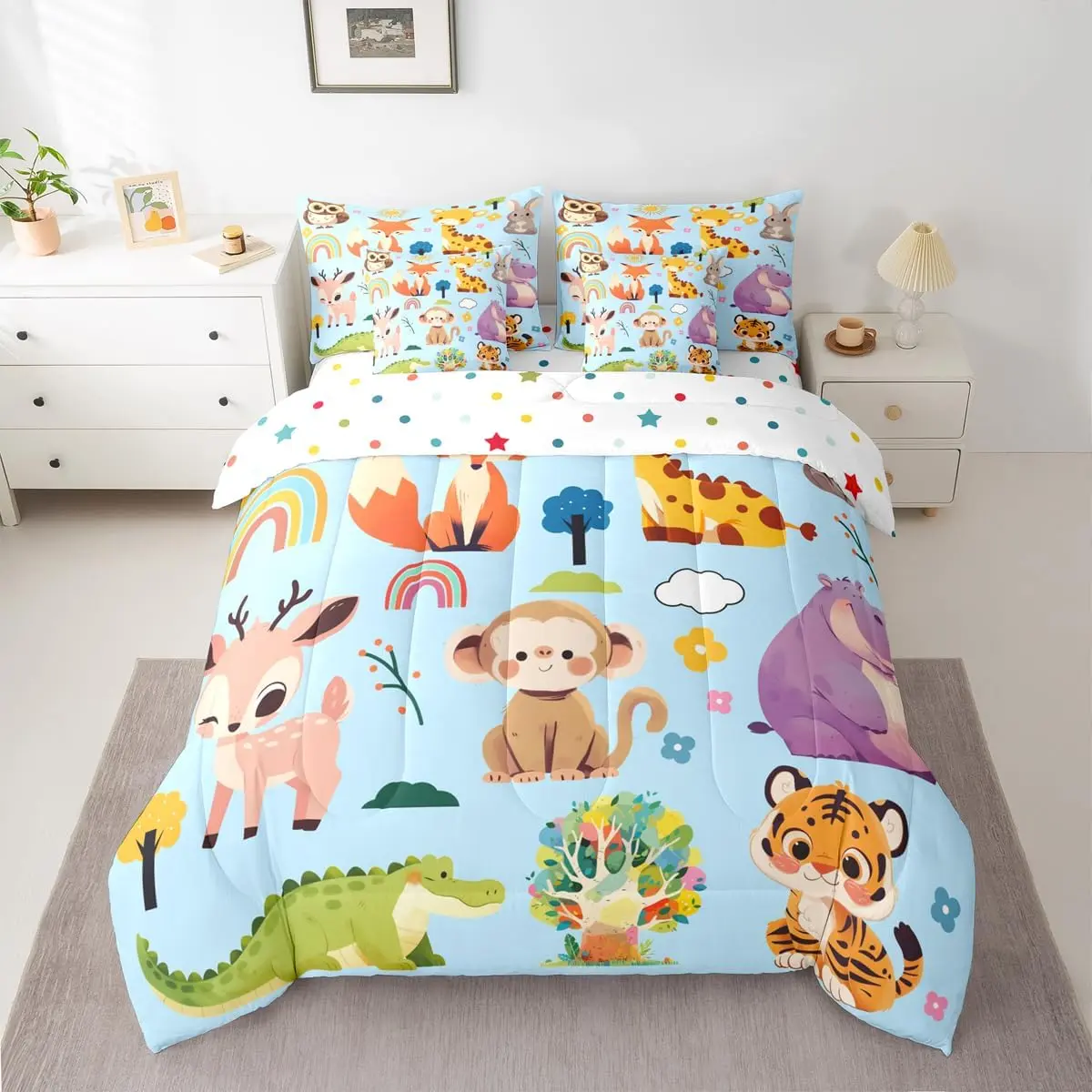 Kids Comforter Set with Sheets 7 Piece Bedding Set Cute Cartoon Blue Giraffe Monkey Fox Animal Print Bed in a Bag Room Decor Lightweight Microfiber