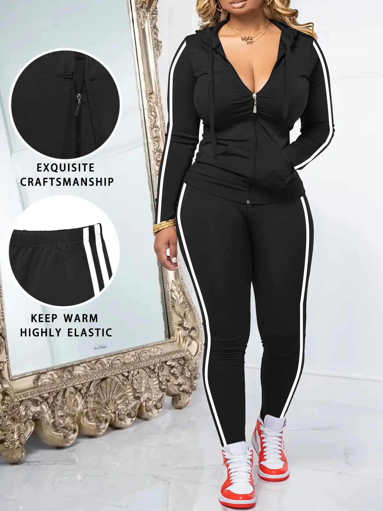 Women's 2-Piece Athletic Set, Striped Zip-Up Hooded Jacket, High-Waisted Leggings, Casual Sports Outfit