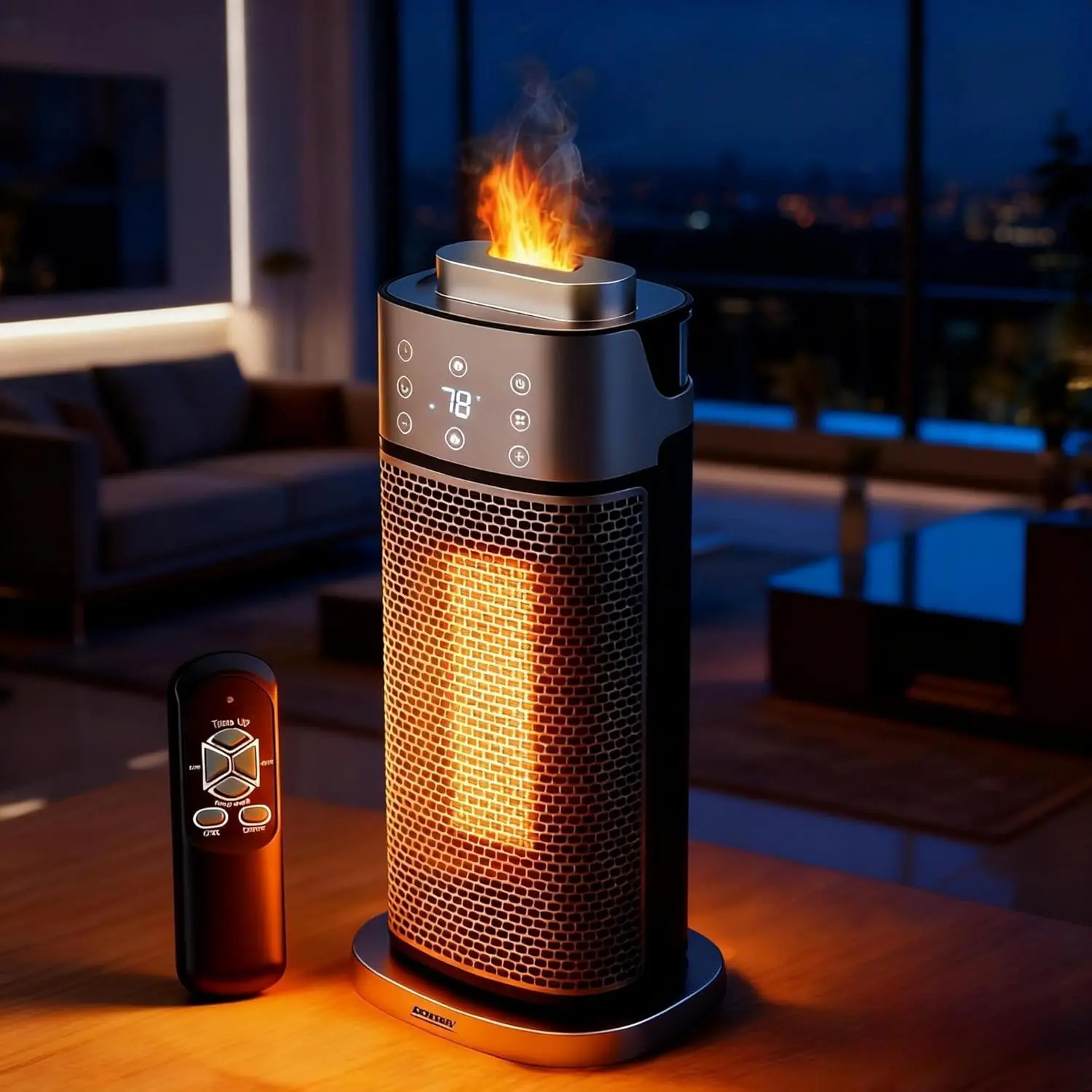ROVSUN 3-in-1 Electric Space Heater w/Humidifier & 3D Flame Effect, Portable 16''H Tower Heater w/Timer, Adjustable Thermostat, Tip-over & Overheat Protection for Indoor Use Bedroom, Home, 1 Pack