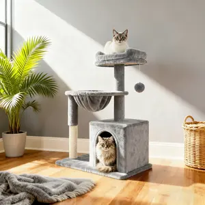 MUTICOR 29 inches Cat Tree with Dual Pom-Pom Ears Small Blue Grey Beige Pink Cozy Condo for Cats with Play Area