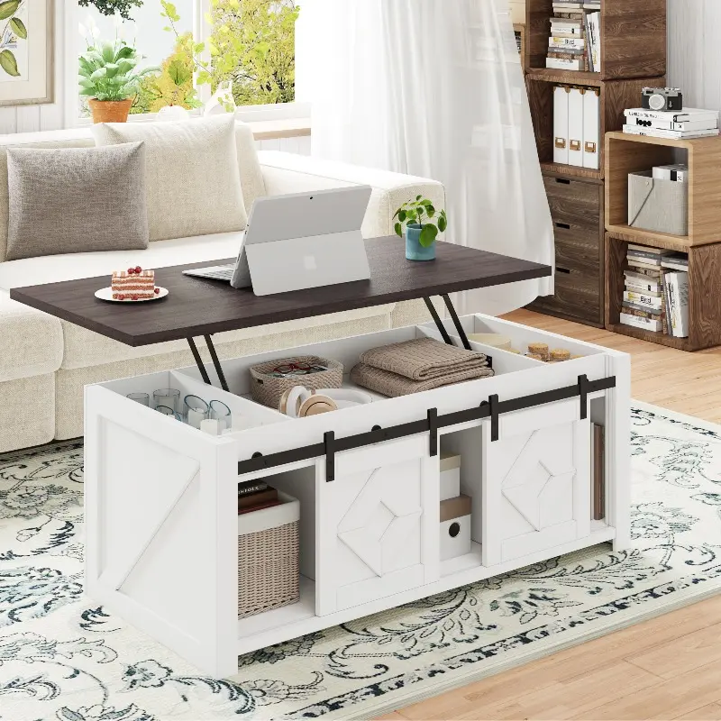 Rustic Lift Top Farmhouse Coffee Table Sliding Barn Doors, Hidden Storage, Antique White Finish - Living Room Decor Center Table