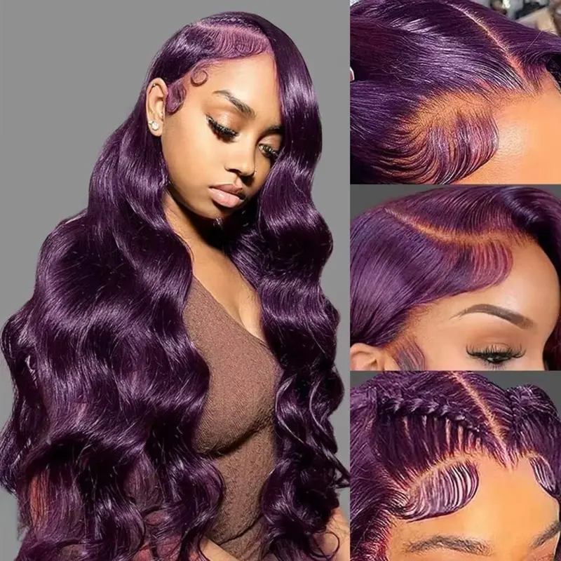 Quilty Hair Dark Purple Human Hair Wig Body Wave 13x4 - Long, Wavy Design for Stylish Look