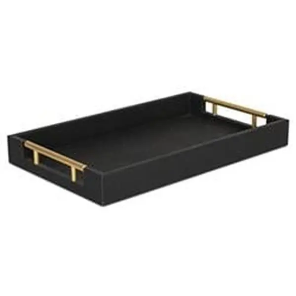 Cheungs 5823BK Hand-Crafted Fully Assembled Decorative Faux Shagreen Serving Tray with Vinyl Accents, Metal Handles, Wood Complementing Materials, Black