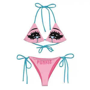 Crying Anime Eyes String Bikini Set – Hot Pink & Turquoise Blue | Halter Tie Top & Side-Tie Bottom | Y2K Coquette Punk Swimwear | Women's Aesthetic Beach Pool Outfit | Unique Trendy Summer Gift for Her