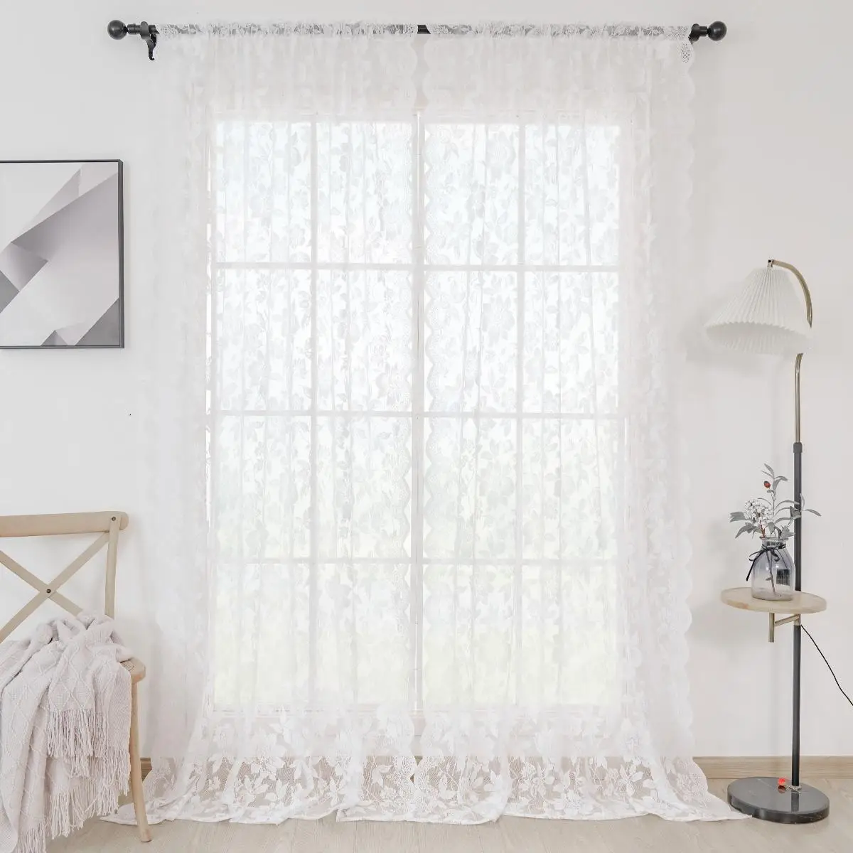 Hollow Out Design Lace Curtain, 2 Counts/set Solid Color Window Curtain, Decorative Curtain for Home Living Room Bedroom Kitchen