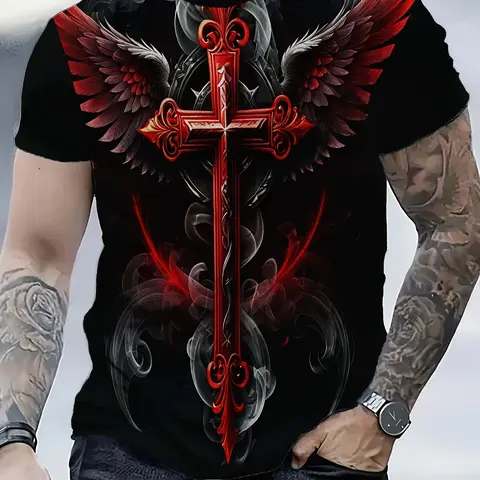 Men's 3D Graphic Print Short Sleeve T-Shirt, Crew Neck Casual Tee, Activewear Tee, Soft Breathable Fabric, Machine Washable, Suitable for Gym, Outdoor & Everyday Use