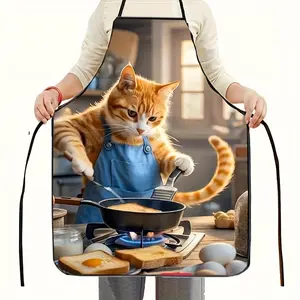 1pc Playful Orange Cat Chef Apron with Blue Pockets - Fun Kitchen Design, Polyester Fabric, Adorable Cooking Cat Illustration, Perfect for Home or Cafe Use, Cat Apron