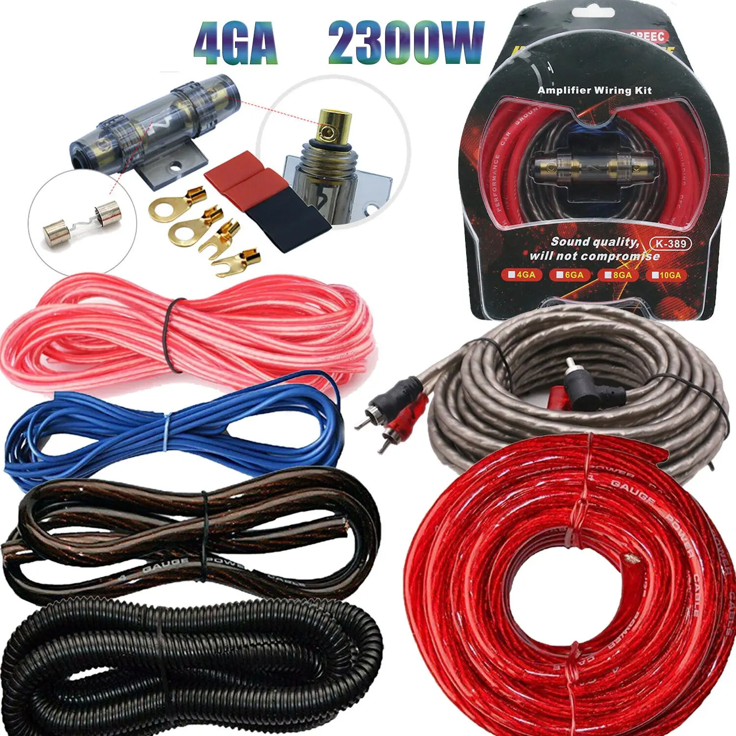 4 Gauge Car Amplifier Wiring Kit 2300W, Complete Audio Install Kit with RCA Interconnect, Power Wire, Ground Cable and Fuse Holder for Subwoofer