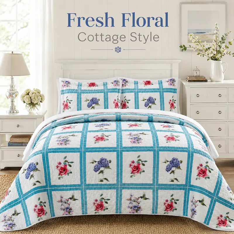 100% Pure Cotton Floral Quilt Set - 3-Piece Bedding with 2 Pillow Shams, Quilting Stitch Coverlet Bedspread for Queen/King Sizes, All Season Bedroom Decor