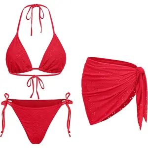 Women 3 Piece Swimsuits - Sexy Triangle Bikini Sets with Cover Up Halter String Tie Side Bathing Suits
