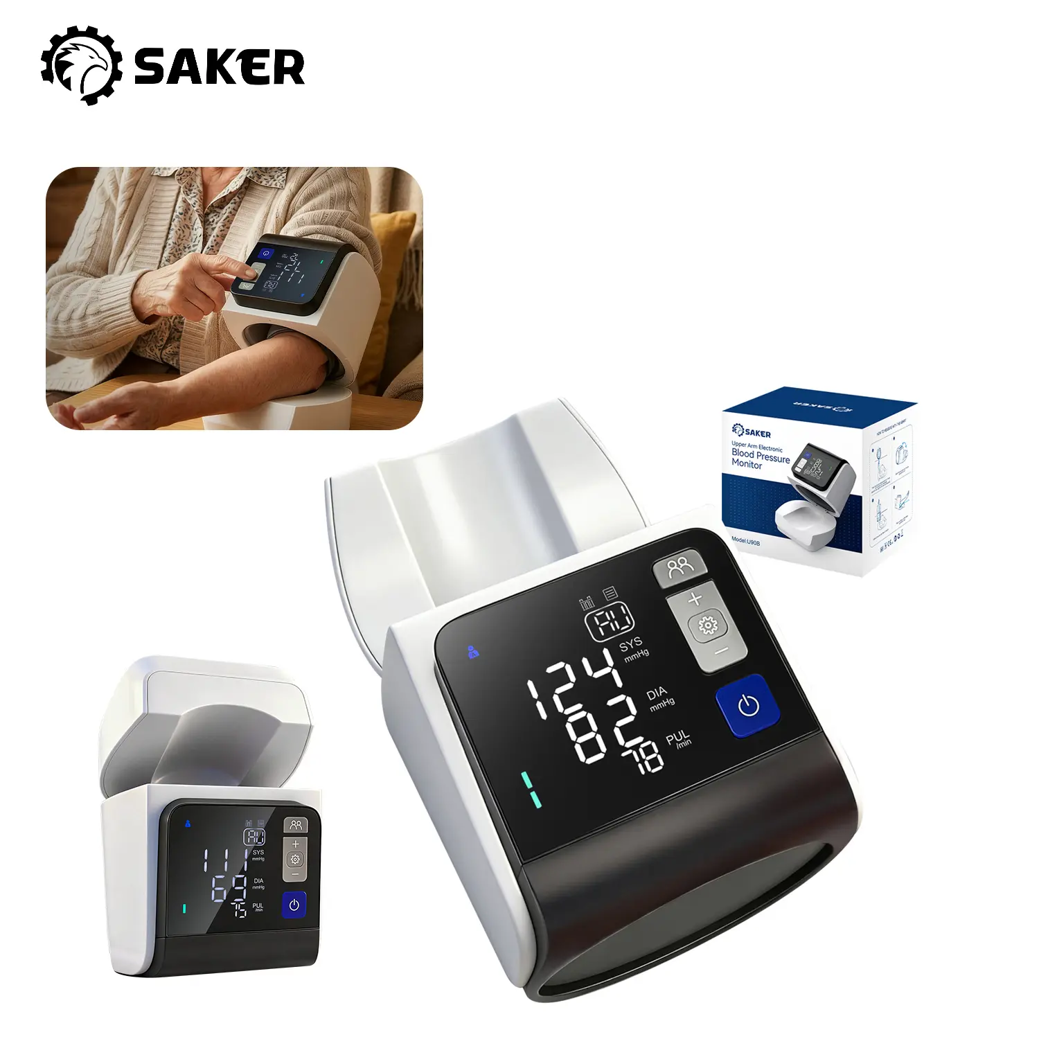 Saker Portable Upper Arm Blood Pressure Monitor - Automatic, No-Wrap Auto-Fit (8.5"-15.7" Fit), Large Display for Home Healthcare Use