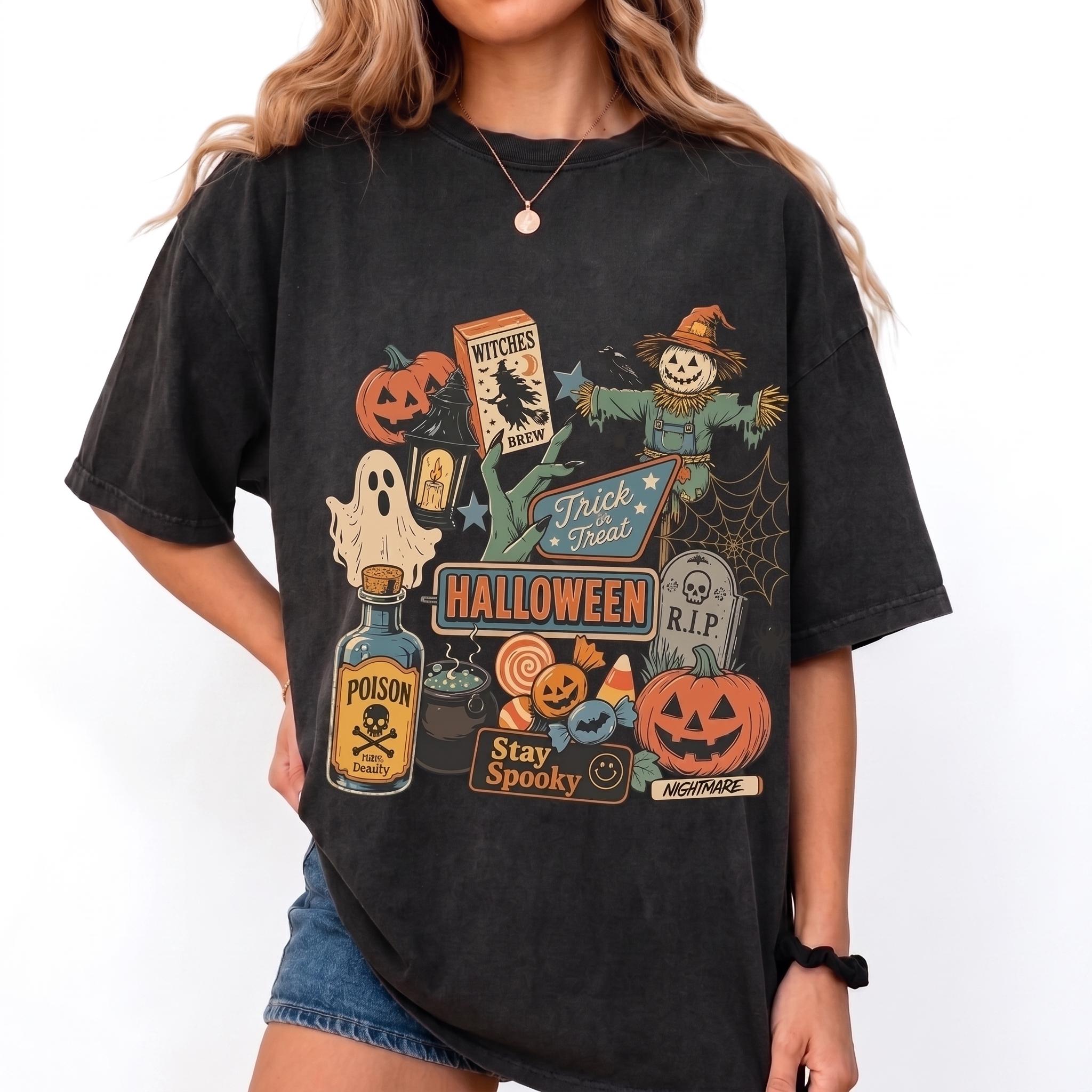 Men’s Vintage Halloween Comfort Colors T-Shirt – Aesthetic Flannel-Inspired Graphic Tee with Pumpkin, Ghost, Scarecrow Prints, Everyday Retro Party Outfit, Cardigan-Compatible Spooky Season Top