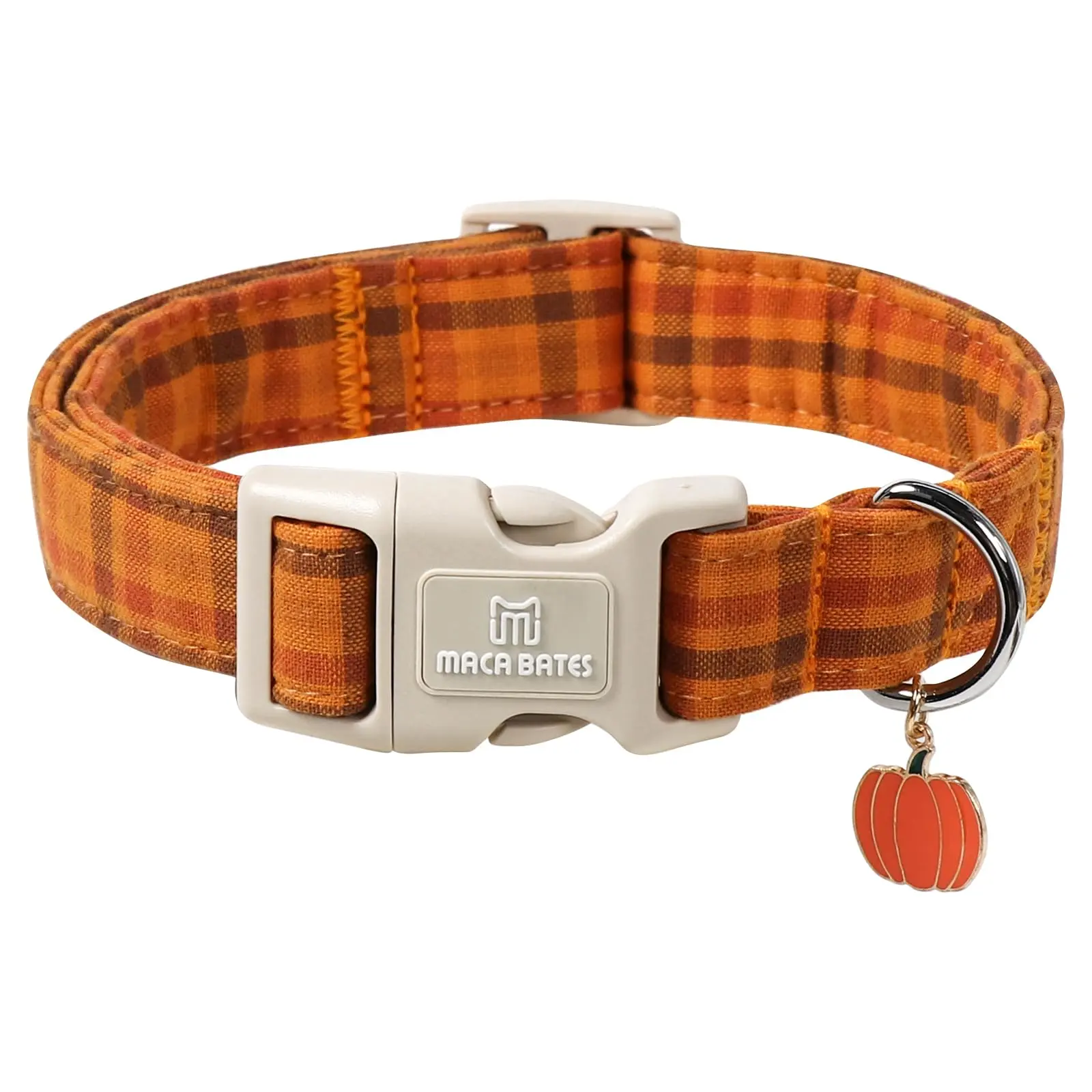 Maca Bates Fall Plaid Basic Dog Collar with Pumpkin Charm, Extra Small for Boys & Girls, Autumn Brown Gingham Puppy Collar, Halloween Checkered Print, Adjustable Durable Soft for Male and Female Dogs with Safety Buckle