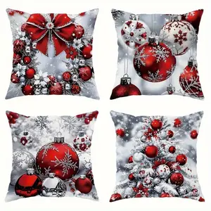 4pcs, Christmas Pillow Covers, Winter Snowflakes, Christmas Trees, and Bell Designs, Home Décor Products, Cushion Cover Decoration for Couch Sofa, Room Decor and Bedroom Decor, Single Sided Printing, No Pillow Core