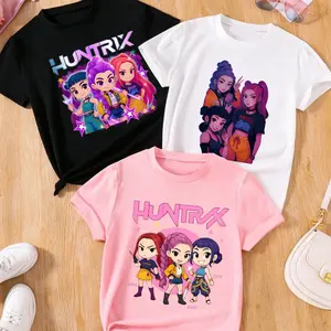 Kpop Hunter Girl Group Hot Pattern Print 3-Pack Girls Casual Round Neck Regular Fit T-Shirt, Elastic Fabric, Kids Outdoor Indoor Sports Wear, Cute Graphic Tee