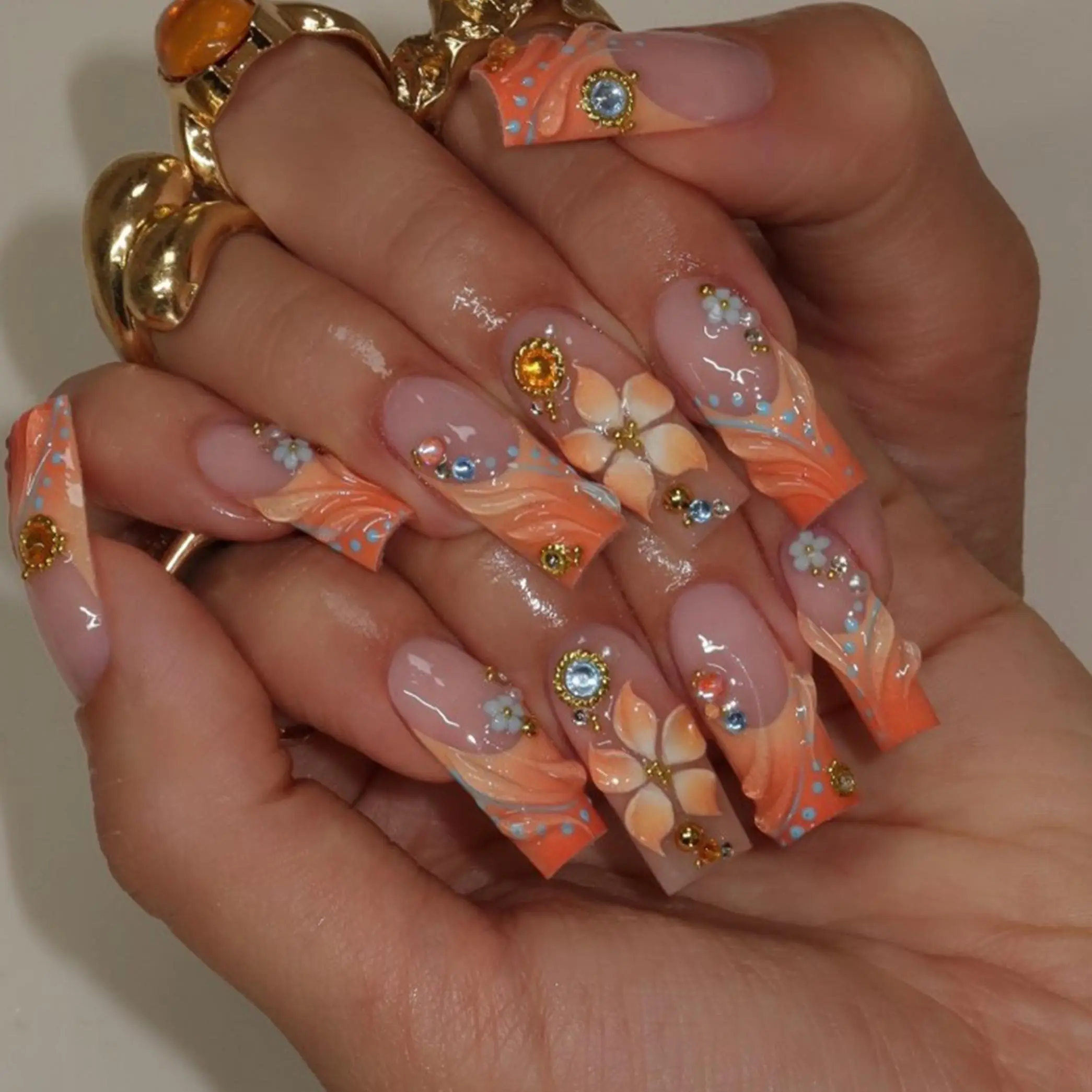 Elegant Press-On Nails | Aqua Flower, Gold Seashell & Crystal Accent Design