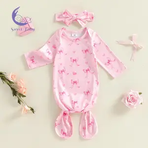 Newborn Girl's Cotton Blend Zipless Sleeper Gown with Bow Print & Headband Set, All Seasons Baby Nightgown Hairband Set