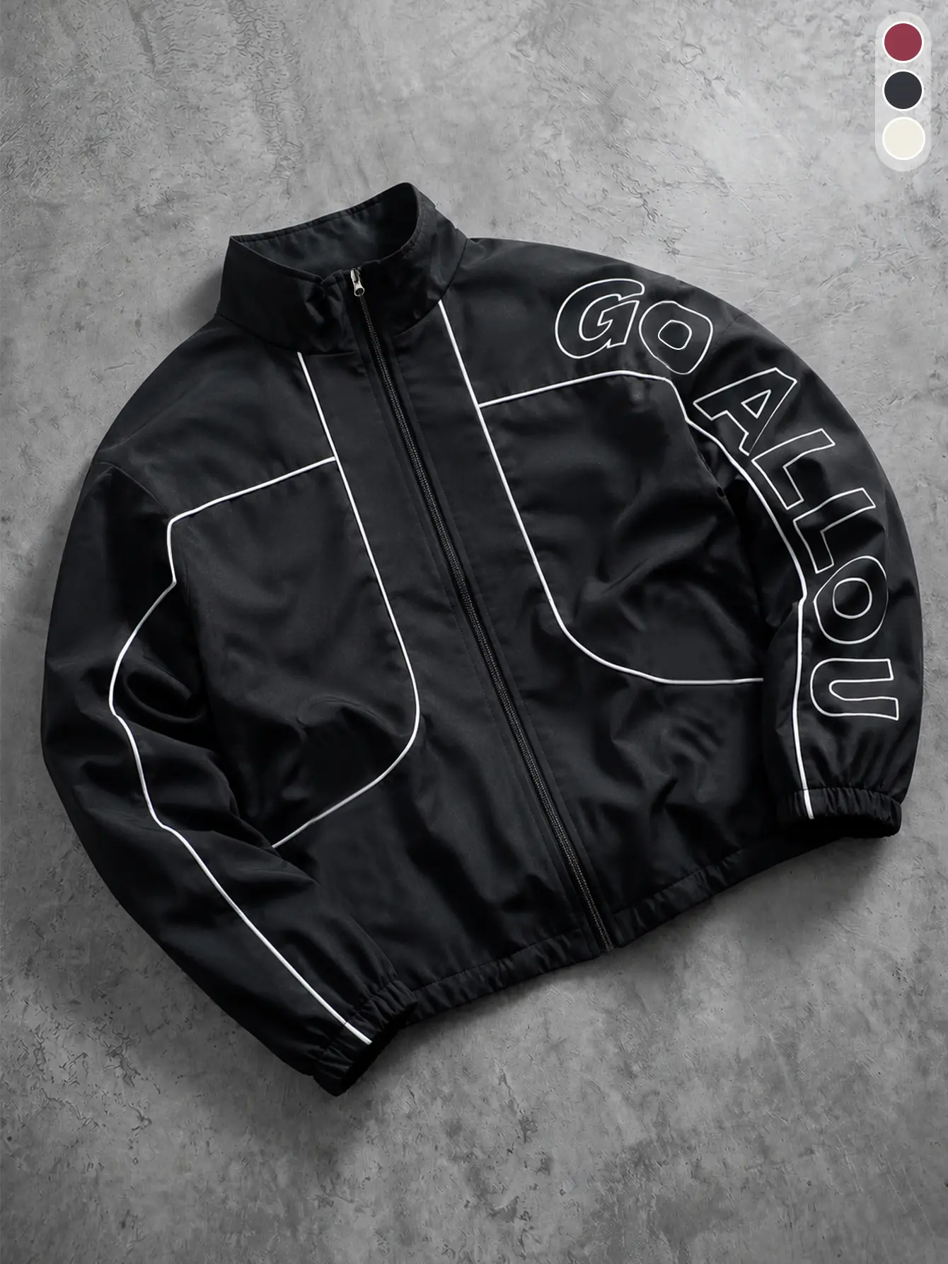 Men's American vintage stand collar jacket with visible stitching | Black street jacket with "GO ALL OUT" letter print